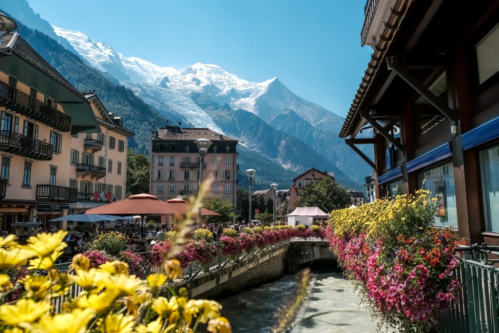 Chamonix, France - August 22, 2022: Views of the snowy mountains from the center of Chamonix.