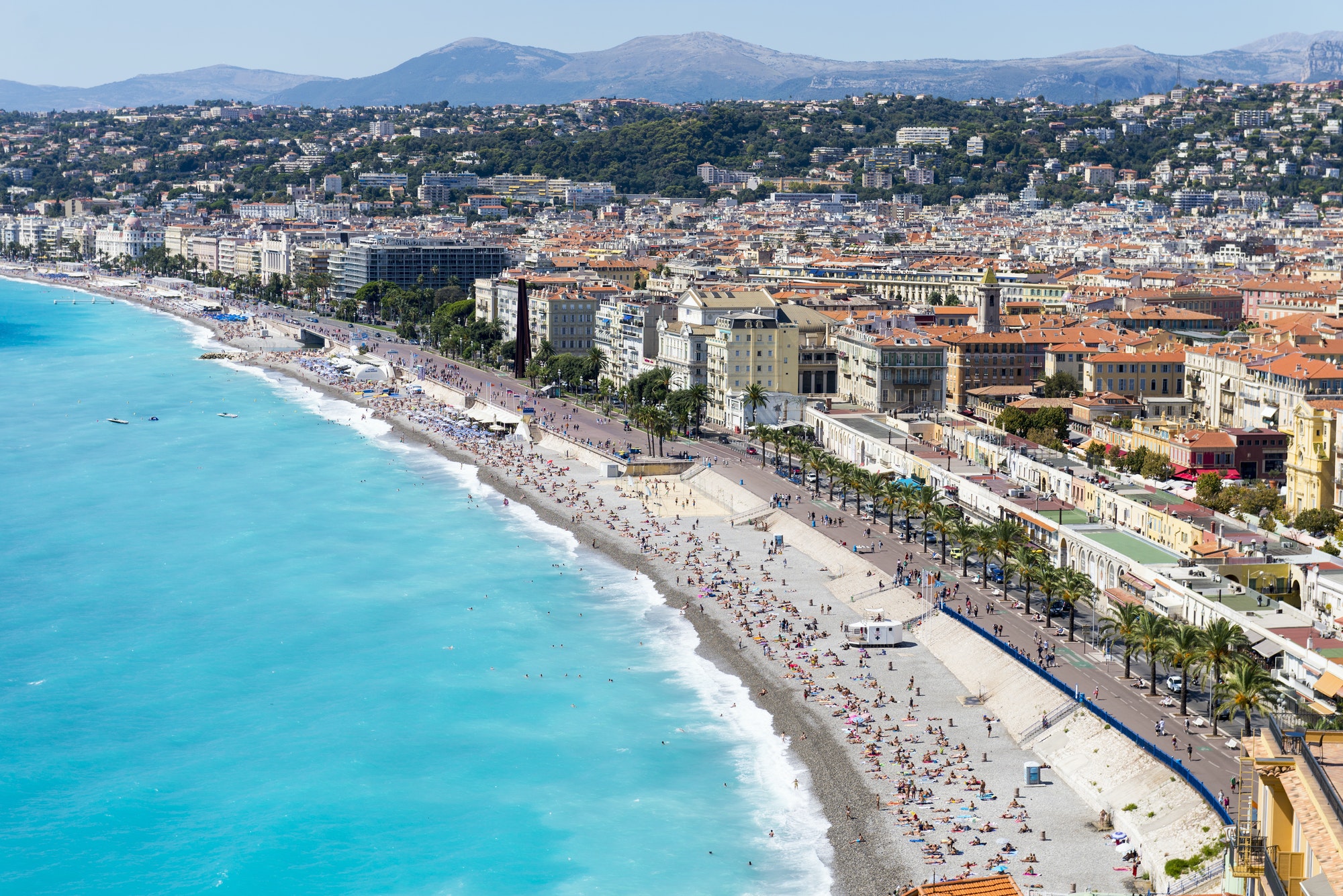 Cityscape view with coastline and beach, Nice, Cote d'Azur, France